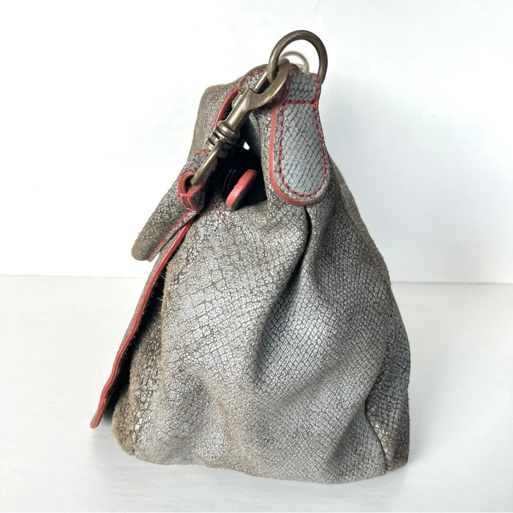 LIEBESKIND Berlin Gray Snake Print Leather Red Stitching Flap Shoulder Bag Tote